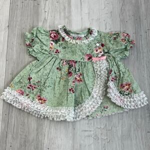 Vintage Jo Lene Floral Rose Lace Bow Dainty Girly Newborn Green Dress 0-3 Months